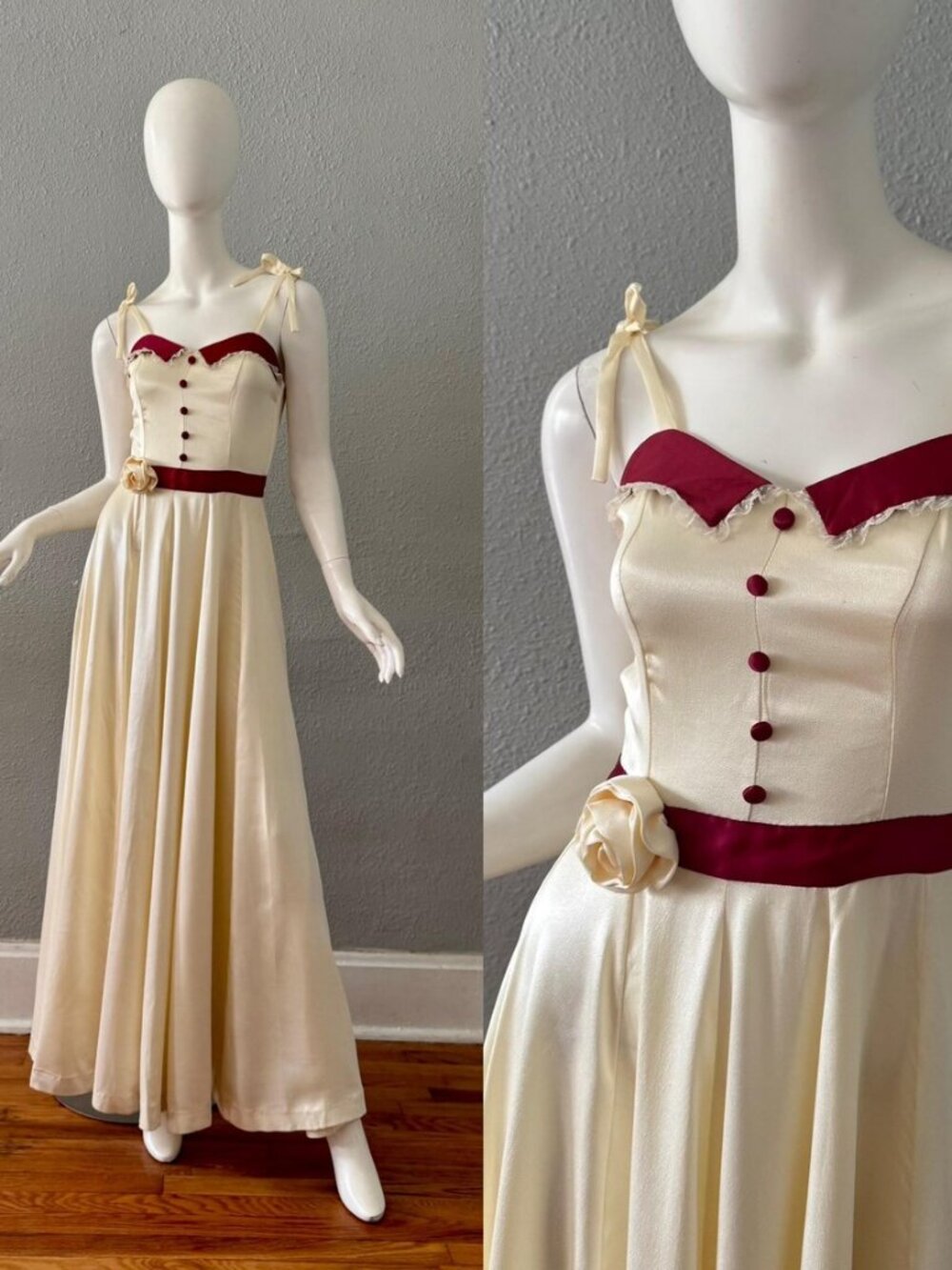 Vintage 40s Satin Ivory Full Sweep Formal Wedding Gown Dress XXS